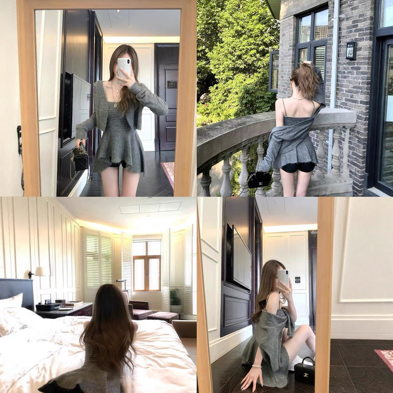 盘盘美神悸动秋季短款针织外搭开衫长袖外套女+吊带针织短裙|undefined