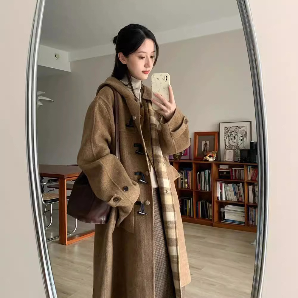 [빈티지 그리드의 양쪽에 착용 가능] 하이 엔드 센스 가을과 겨울 새로운 빈티지 체크 무늬 호른 버클 느슨한 버전의 울 코트