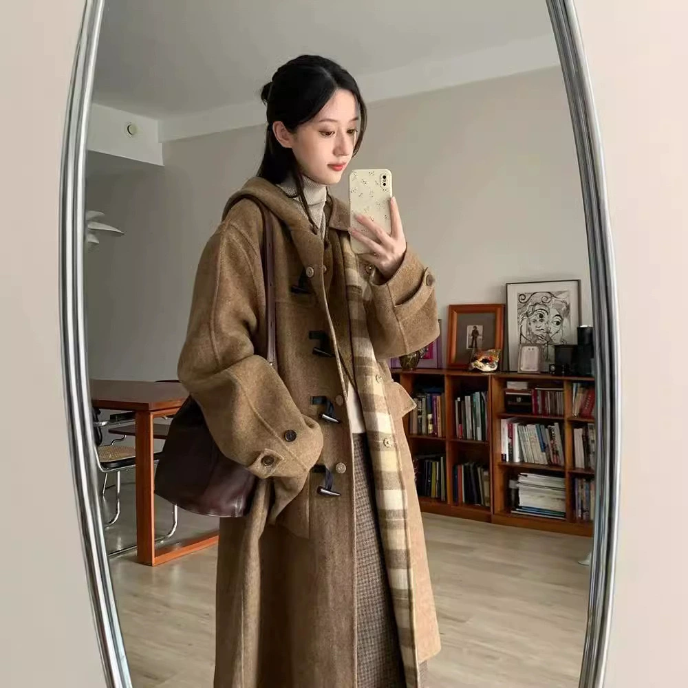 [Можно носить ретро сетку с обеих сторон] Премиум осенний и зимний новый ретро клетчатый роговый пуговицы, свободная версия шерстяного пальто