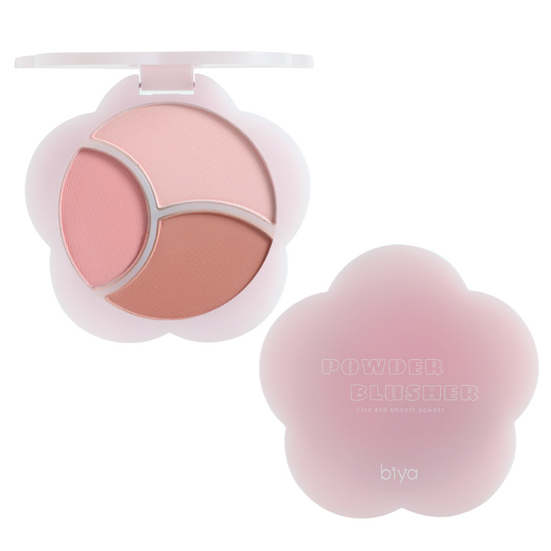 Biya flor blush de niebla suave de tres colores, brillo mate, maquillaje no volante, polvo falso, plato de carmine.