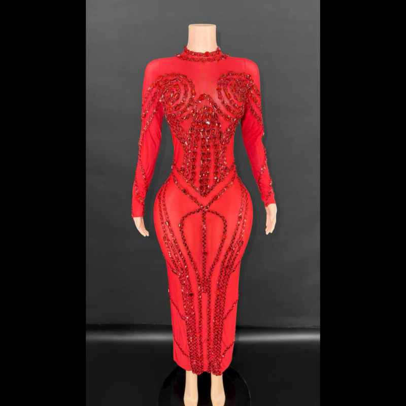 European and American women's clothing, sparkling diamond crystal long-sleeved ball gown, birthday dress, bar evening dress, dress