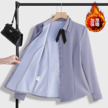 加绒衬衫工作服面试长袖女时尚气质酒店方领灰蓝上班打底衬衣工装