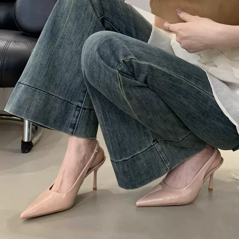 法式高跟鞋包头凉鞋女2025春夏新款气质细跟尖头配裙子黑色单鞋