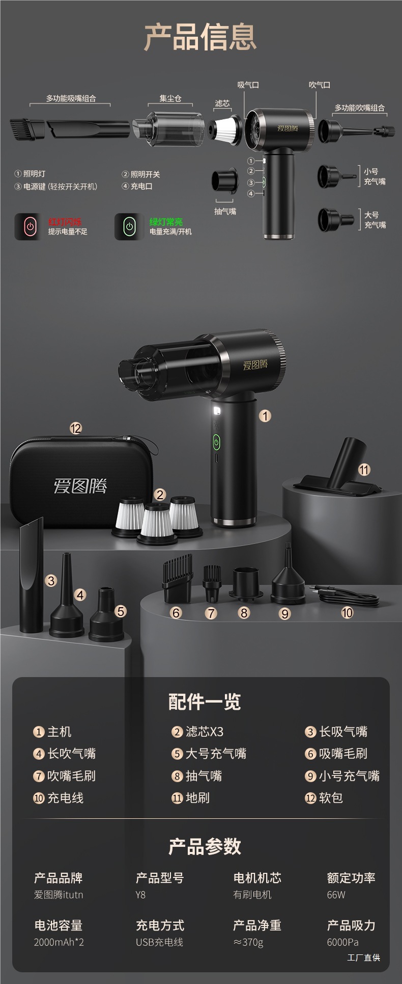 Ai Totem Car Vacuum Cleaner with High Suction Power, Super Powerful Wireless Small Handheld Blow and Suction Combo Machine by Peihui