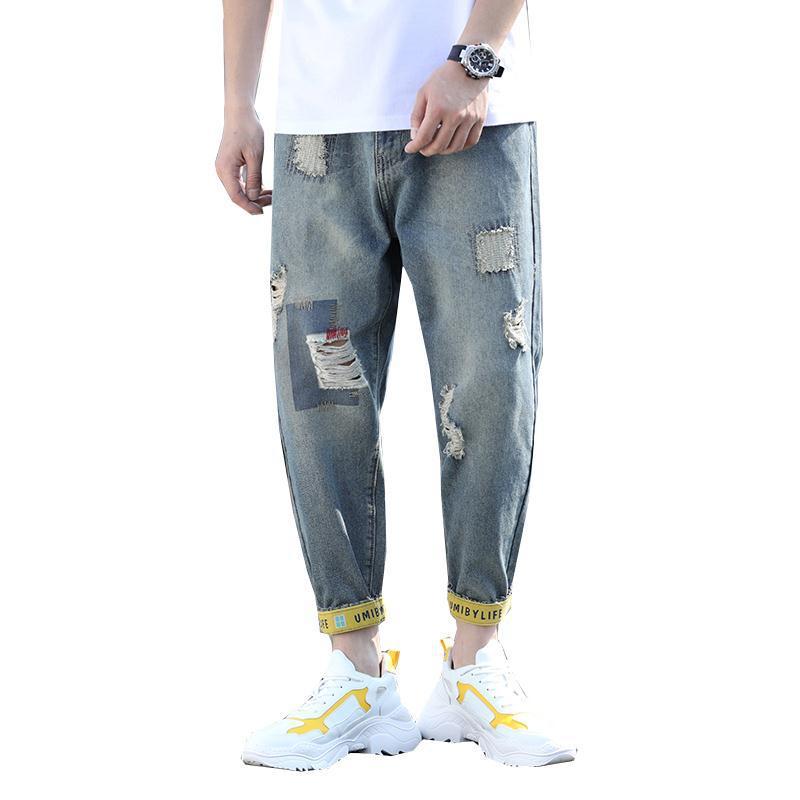 Jeans Slightly Fat Wear Plus Size Summer Thin Perforated Harlan Pippy and Handsome Trendy Cropped Pants Men's_voghion.com