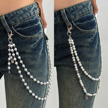 欧美跨境饰品 朋克风仿珍珠串珠裤链 ins简约十字花吊坠牛仔挂饰