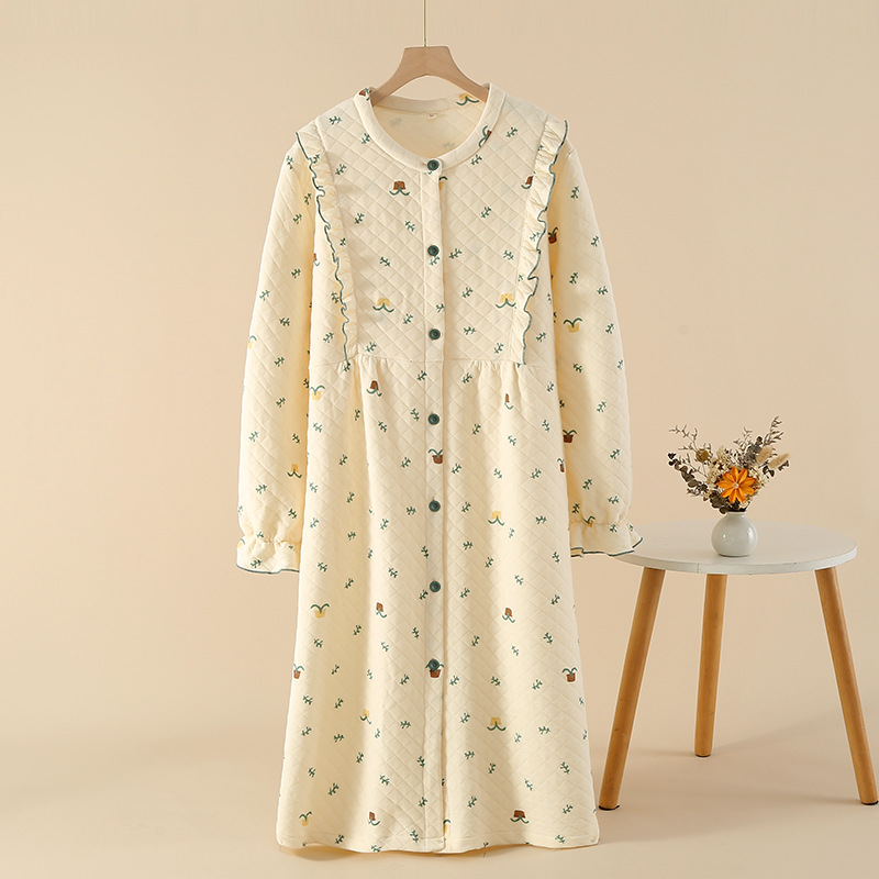 秋冬の女性の純綿の3層の空気綿の中間層の長袖のパジャマの冬の綿の保温の甘い家庭服の月子服