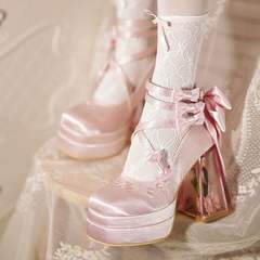 新款蝴蝶结绑带玻璃花房公主鞋优雅Lolita玛丽珍cosplay高跟鞋