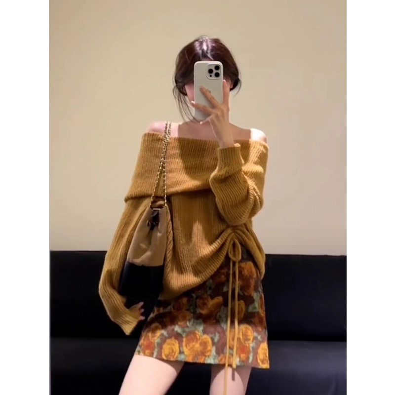 小个子穿搭一整套装2025秋季新款温柔气质露肩针织衫碎花半裙女装|undefined