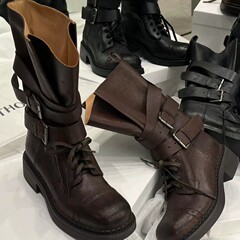 皮带扣马丁靴女机车靴秋冬新款头层牛皮圆头粗中跟系带女式中筒靴