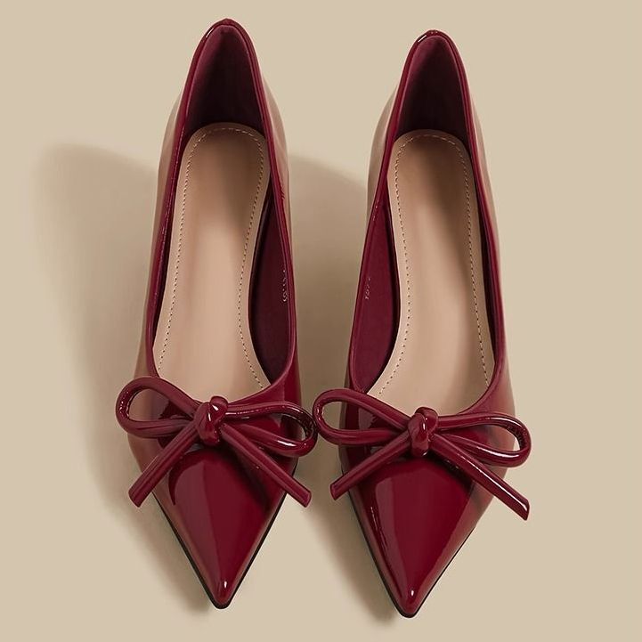 High-End Red High-Heeled Shoes for Women, Versatile Autumn New Design, Bow-Knot Pointed Toe, Super Soft Slip-On Shoes