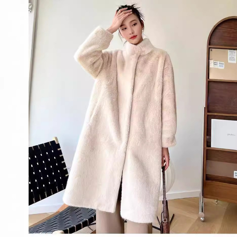2024 New Stand Collar Long Sleeve Mink Eco-Friendly Fur Long Large Size Fur Fur Western Style High-End Fur Integrated