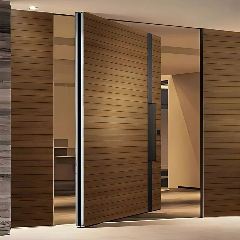 Off-Axis Center Pivot Door with Heightened and Widened Frame, Extra-Large Aluminum-Wood Minimalist Style with Wood Grain, Export Trade Source Factory Entrance Door
