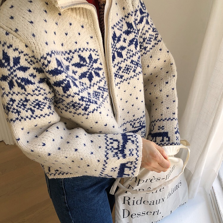 Korean Retro Heavy Industry Snowflake Jacquard Sweater Jacket Women's Thickened Autumn and Winter Loose and Easiest for Match Double Zipper Knitted Cardigan