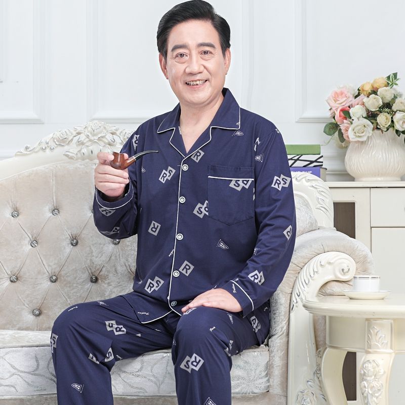 Pijamas de mediana edad y ancianos hombres 100% algodón primavera y otoño manga larga otoño e invierno más tamaño viejo papá traje de uso doméstico