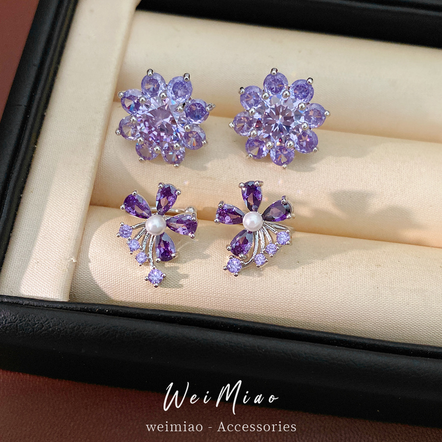 Zircon púrpura flores redondas orejas hueso clips mujeres sin agujeros de orejas temperamento delicado pendientes ligeros de lujo alta sensación auriculares al por mayor