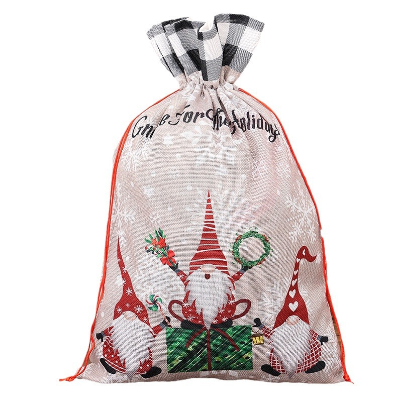 Cross-border Christmas decoration plaid-edged cartoon storage bag linen forest old man gift bag Christmas atmosphere
