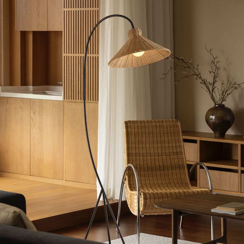 American-Style Vintage Rattan Floor Lamp for Living Room Sofa, French Mid-Century Cream Style, Japanese Wabi-Sabi Style Fishing Floor Lamp