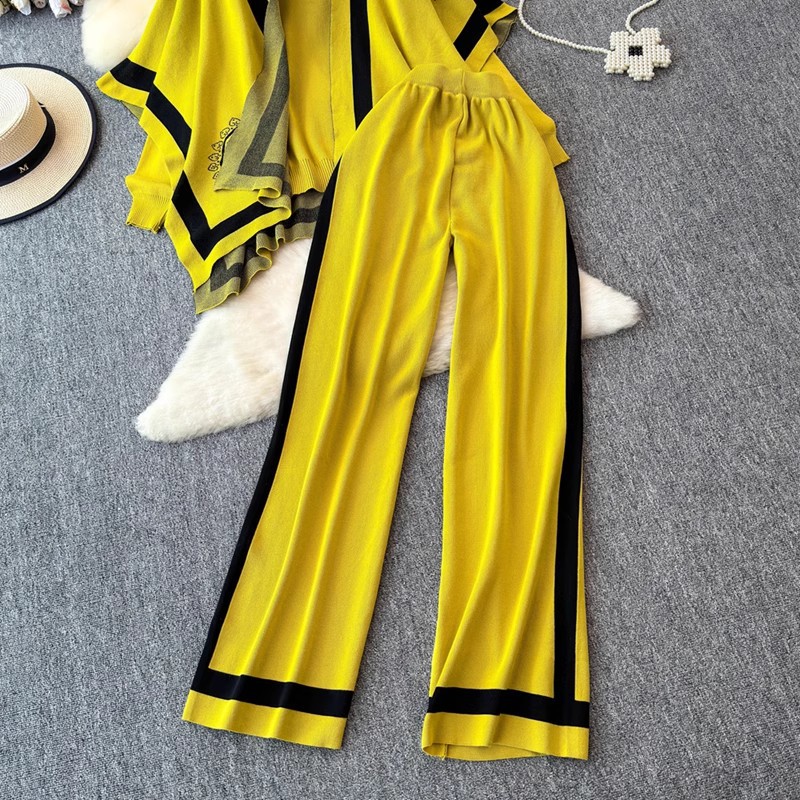 Damenbekleidung Damenmode Anzugdesign farblich passender langärmeliger Strickjackenpullover vielseitiger dreiteiliger Anzug mit hoher Taille und weiten Beinen_voghion.com