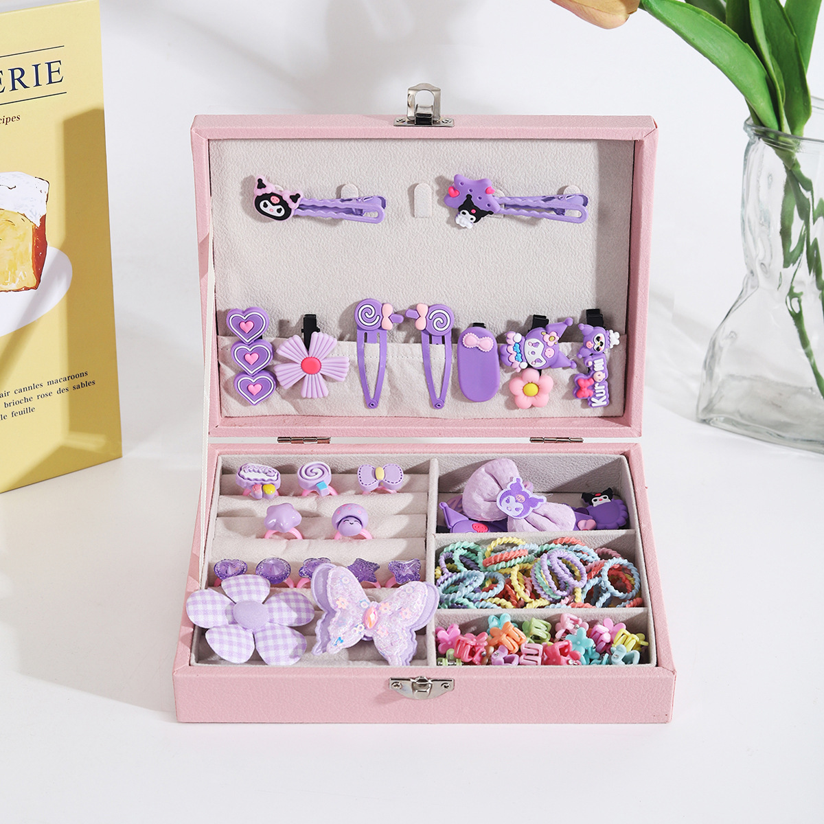 Juego de pulsera de anillo de clip de oreja de Kulomi de dibujos animados Caja de regalo Caja de joyería exquisita princesa para niños Regalo de cumpleaños para niñas