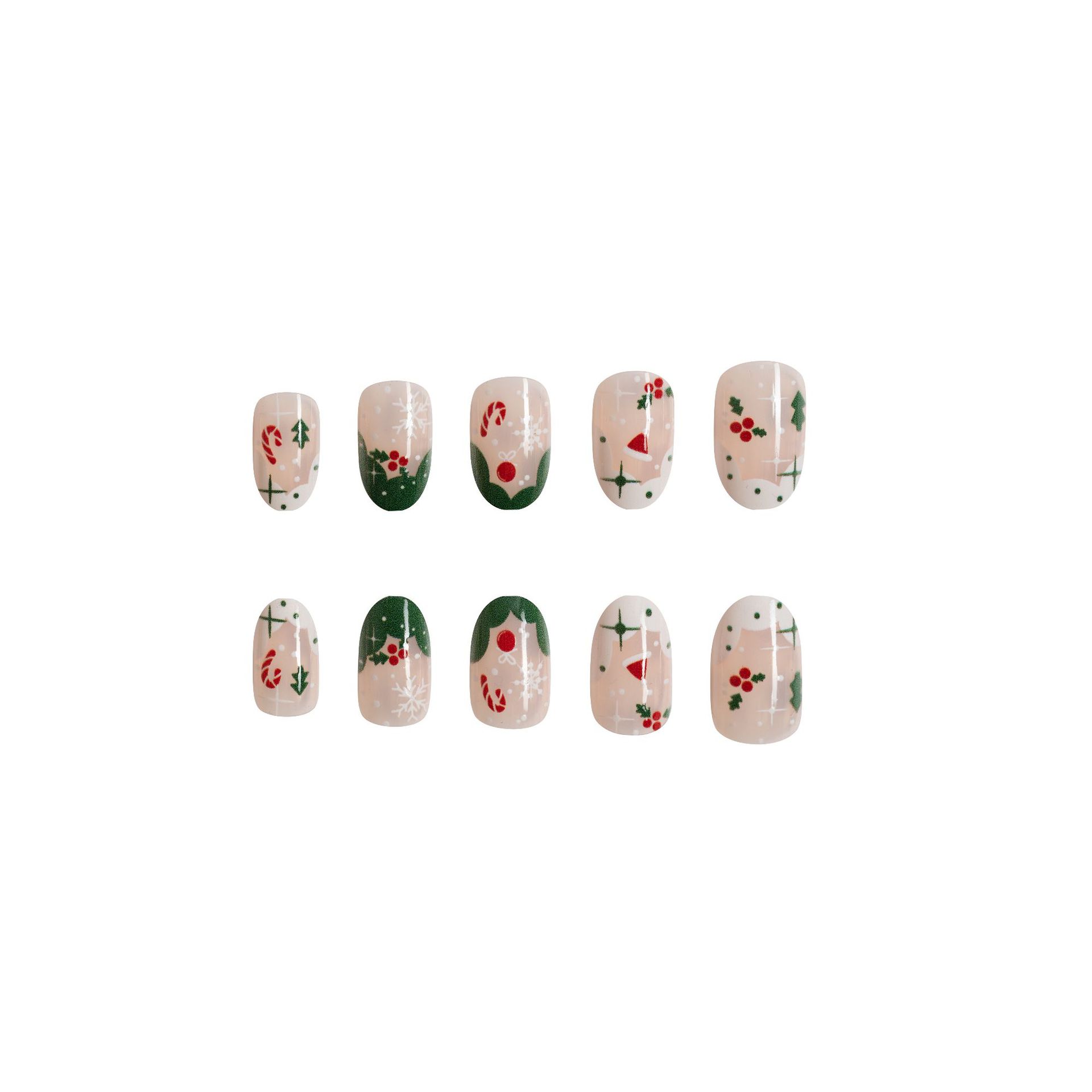 Short Christmas short round nail beauty piece Christmas gift snowflake sweet cool wear nail contrast color  nails 24 pieces_voghion.com