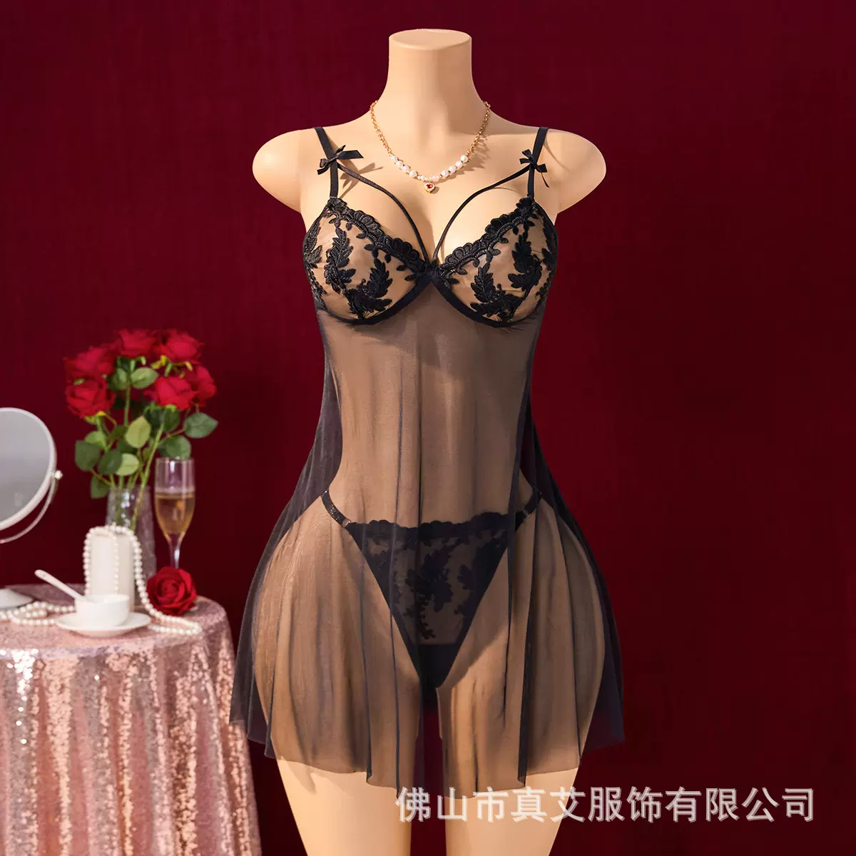 跨境透视刺绣网纱情趣睡裙纯欲风欧美爆款性感睡衣深V吊带裙66