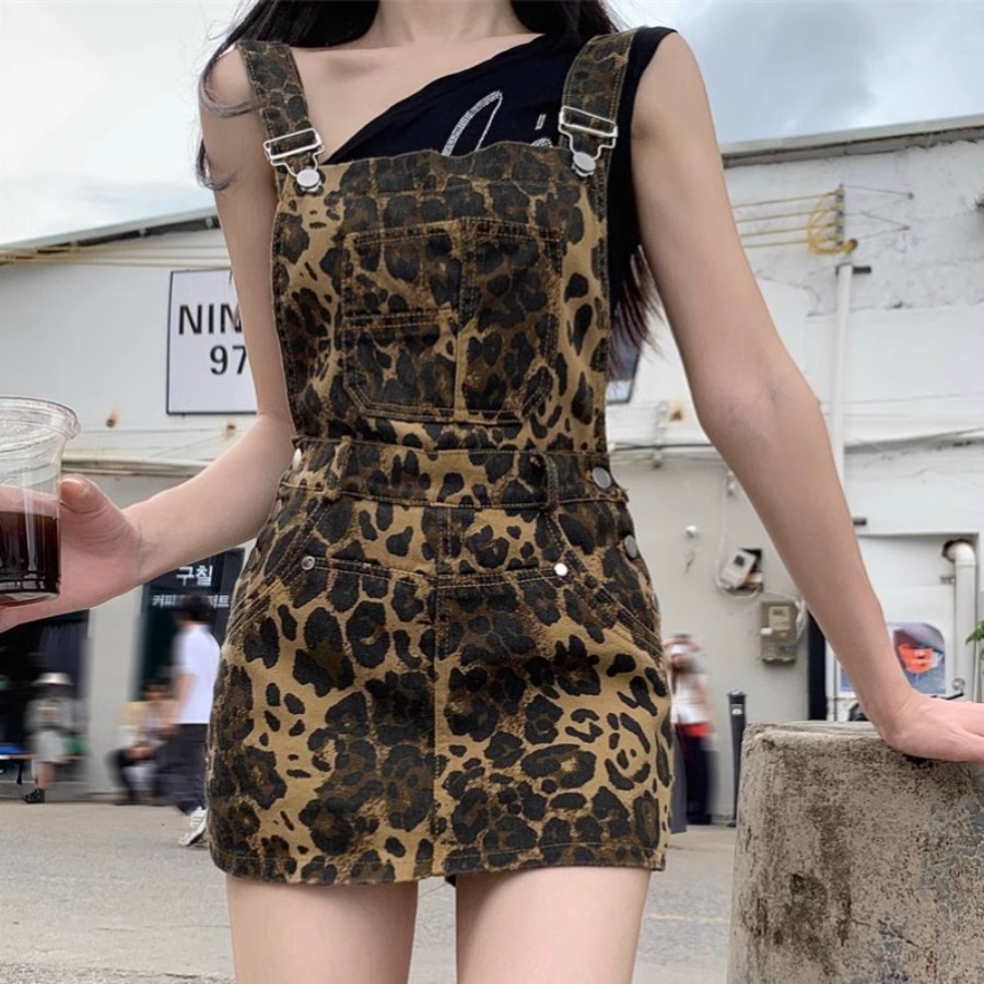 美式豹纹牛仔背带连衣裙2025新款性感辣妹修身显瘦包臀背带短裙裤