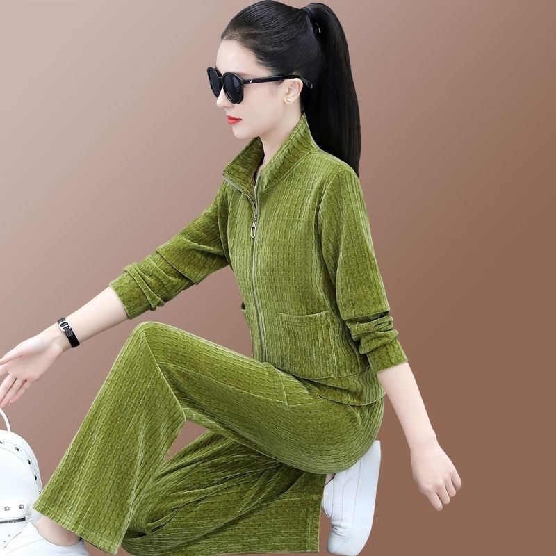 Wide-leg pants suit women's 2024 spring and autumn and winter new sports collar casual wear Joker Korean version of age reduction set