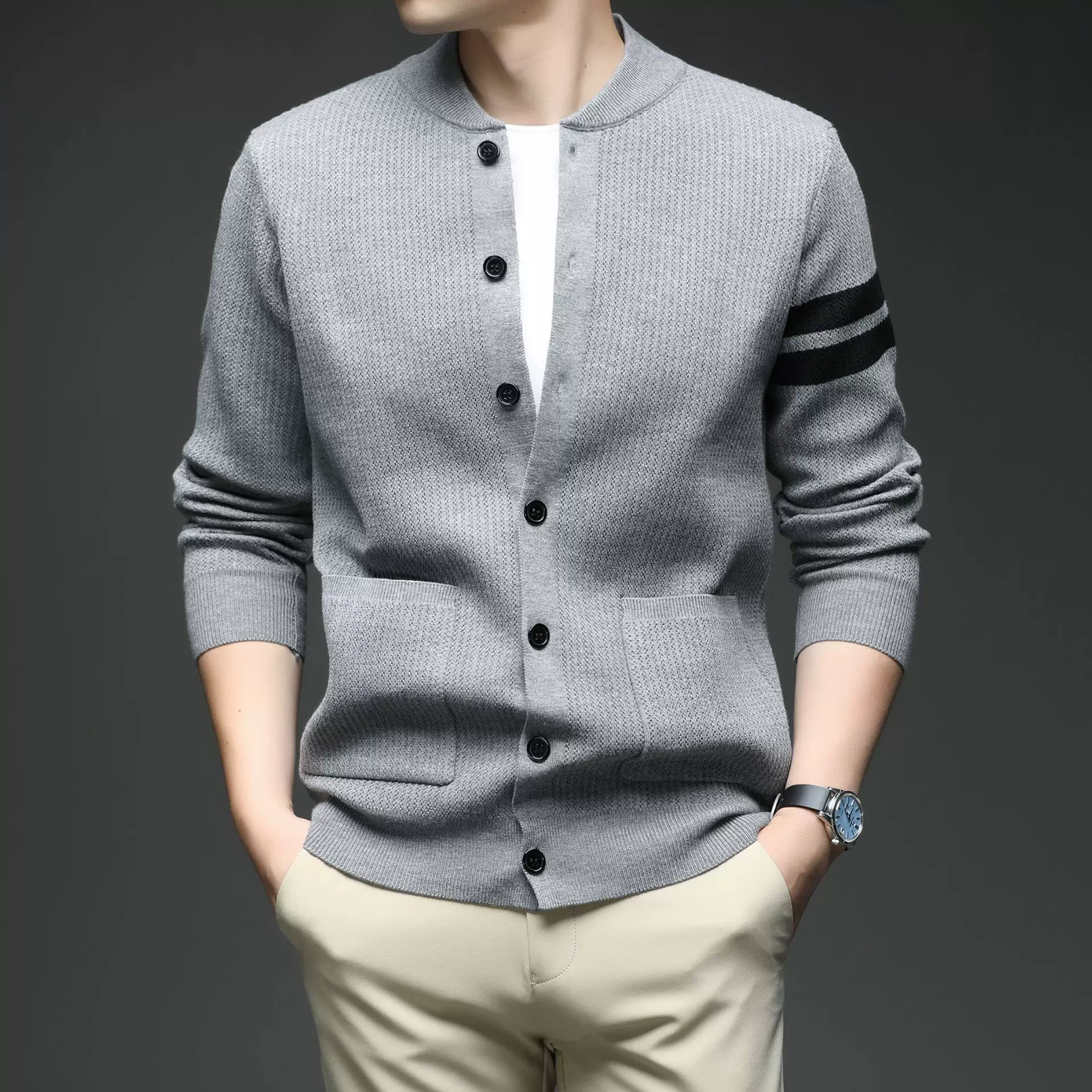 棒球领开衫秋季新款男士针织可扣开衫毛衫中青年时尚休闲毛衣外套