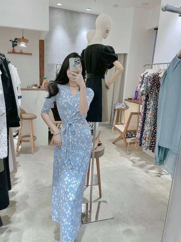 Wrap Dress 2021 Summer New French Style Daisy V-neck Half-sleeve Long Dress Platycodon Floral Tea Break Dress
