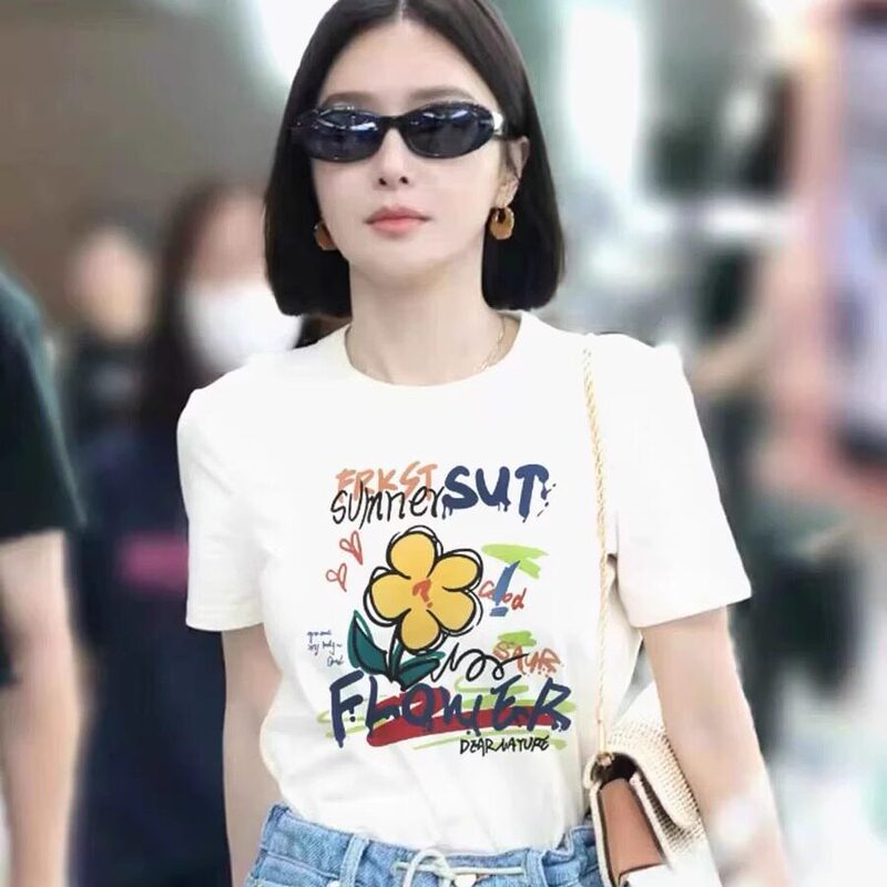 Qin Lan's Same Design Floral T-Shirt for Women, 2026 Summer New Short-Sleeve Round-Neck Top