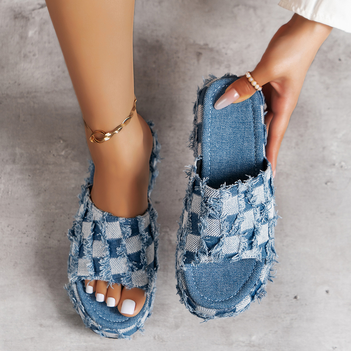 Zapatillas de tela de celosía lavados con telas de jeans con patrón geométrico Jacquard Zapatillas de celosía Zapatillas de mujer