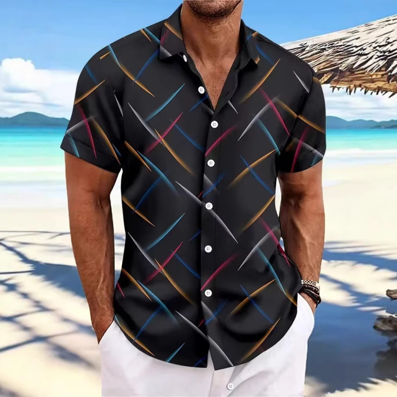 Foreign Trade Cross-Border Hot-Selling Summer European and American Men's Striped Feather Casual Printed Short-Sleeved Button-Down Men's Shirt New Style