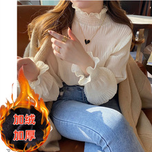 秋冬新款蕾丝雪纺衫女加绒打底衫半高领内搭上衣长袖洋气打底衫