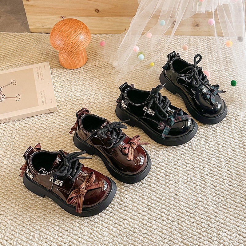 Britische Lederschuhe für Mädchen mit Schleife, Strass-Karo-Design, Frühling/Sommer, College-Stil, einzelne Schuhe_voghion.com