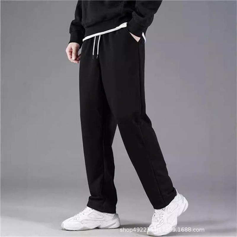 Men's Casual Straight-Leg Jogger Pants for All Seasons, Loose Fit, Solid Color, Thin Fleece-Lined Sweatpants, Trendy Brand Bottoms