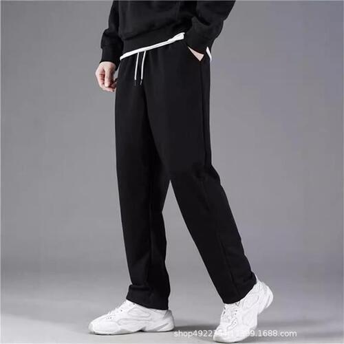 Sweatpants, four-season men's casual pants, straight leg, loose, solid color, thin and velvet pants, fashion brand bottoms