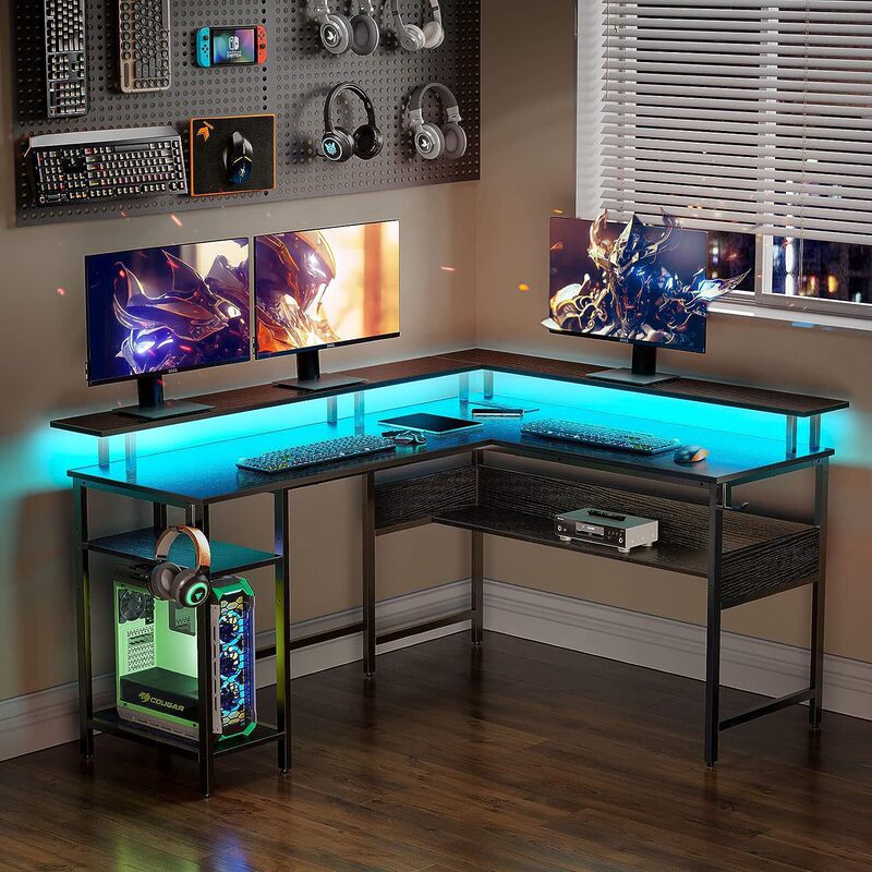 Source Factory Home Office Desk with USB Ports and Hooks, Double-Sided L-Shaped Gaming Desk with Display Source Factory Home Office Desk with USB Ports and Hooks, Double-Sided L-Shaped Gaming Desk with Display