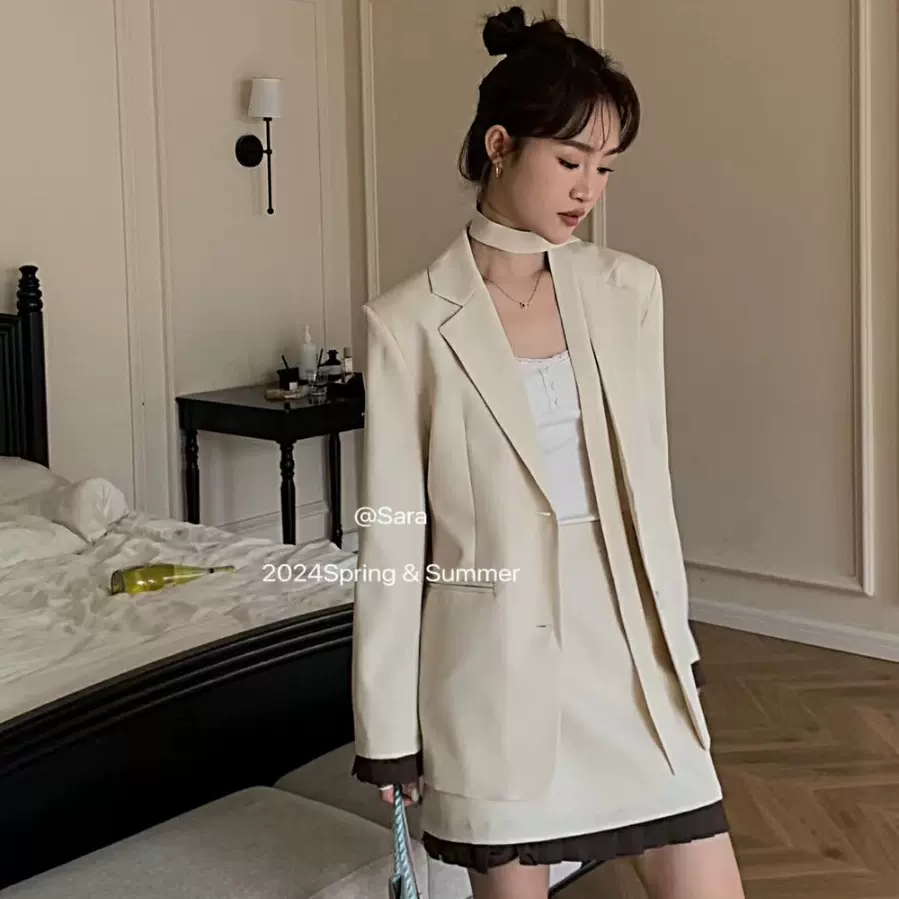 不退不换)凯羽尚LSARAJ春 法式高级感西装半身裙时尚套装（配腰绳