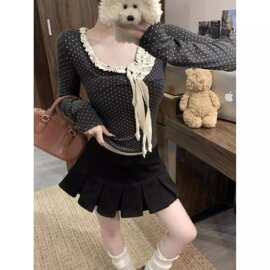 撞色花边拼接波点长袖T恤女2026秋季新款设计感时尚显瘦小众上衣