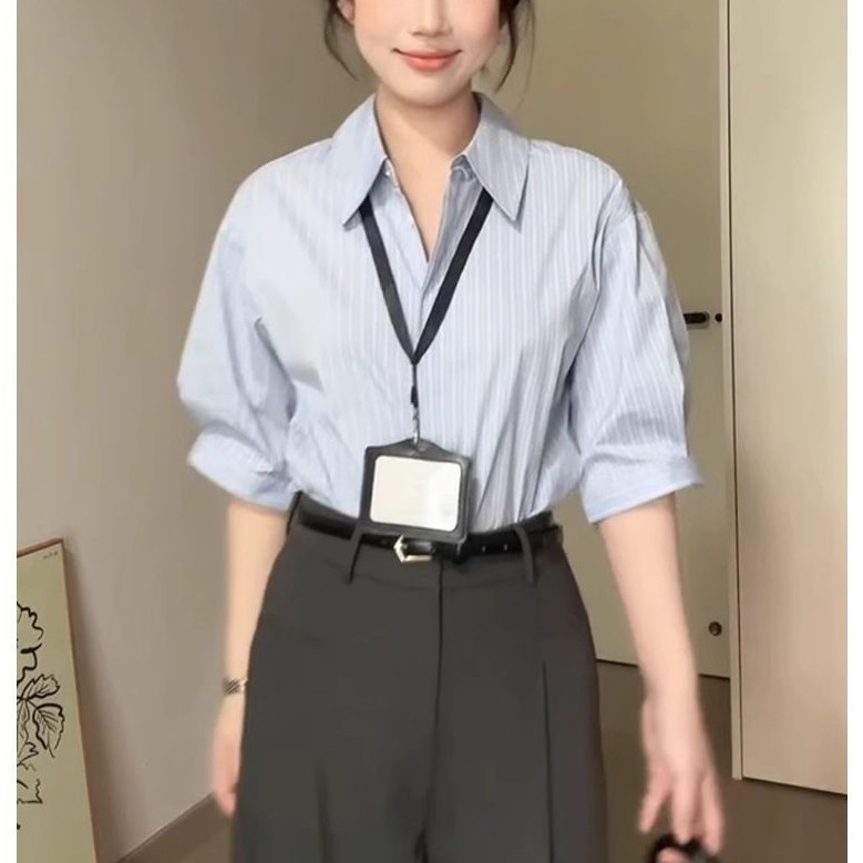 法式蓝色条纹衬衫女夏季新款简约高级感通勤职业面试气质小众套装|undefined