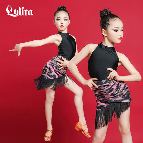 Pink leopard Latin clothing for children competition fringed latin dance dresses sleeveless performance latin dance wear for girls