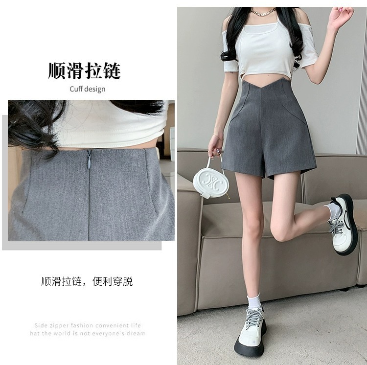 Design black suit shorts women's summer high waist V-shaped waist slimming versatile A- line outer wear wide leg casual pants