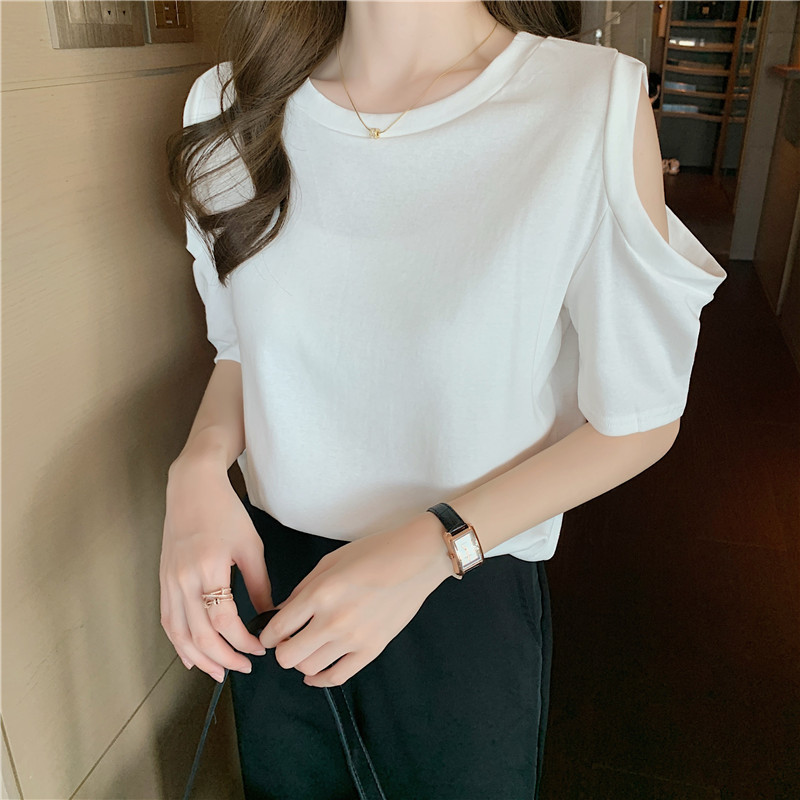 Shoulder Top Women's Solid Color Short-sleeved T-shirt Summer New Cotton Loose Slimming European Goods Sexy Western Style Small Shirt ins