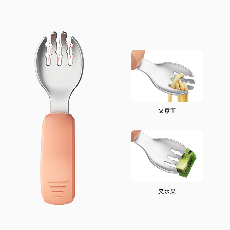 304 de acero inoxidable 316 bebé cuchara Tenedor de silicona mango corto cuchara Tenedor traje jardín de infantes auto-comer