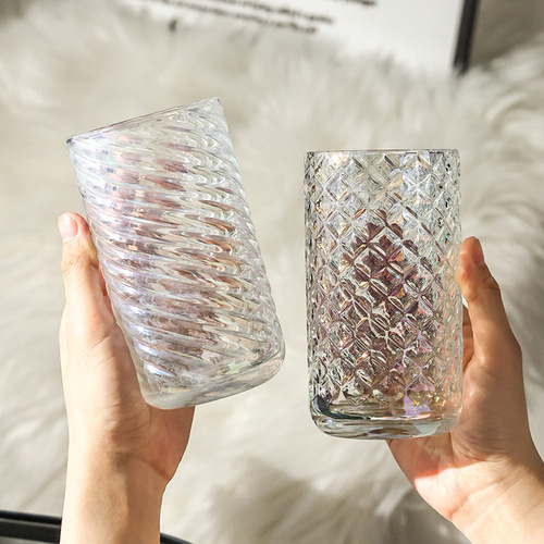 Ins-style embossed thread glass cup American coffee cup soda bubble water drink oat milk breakfast cup
