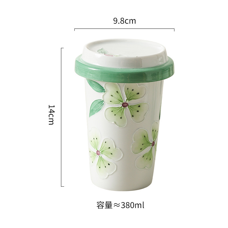 创意ins手绘堆料花朵郁金香花朵带盖陶瓷水杯高颜值手握家用水杯|undefined