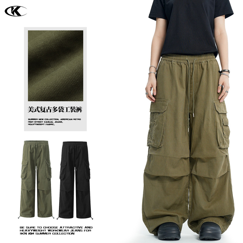 11Kn American Paratrooper Cargo Pants for Men and Women, Retro Draped, Multi-Flap Pocket Pants Drawstring, Wide Legs, Slim Straight Casual Pants