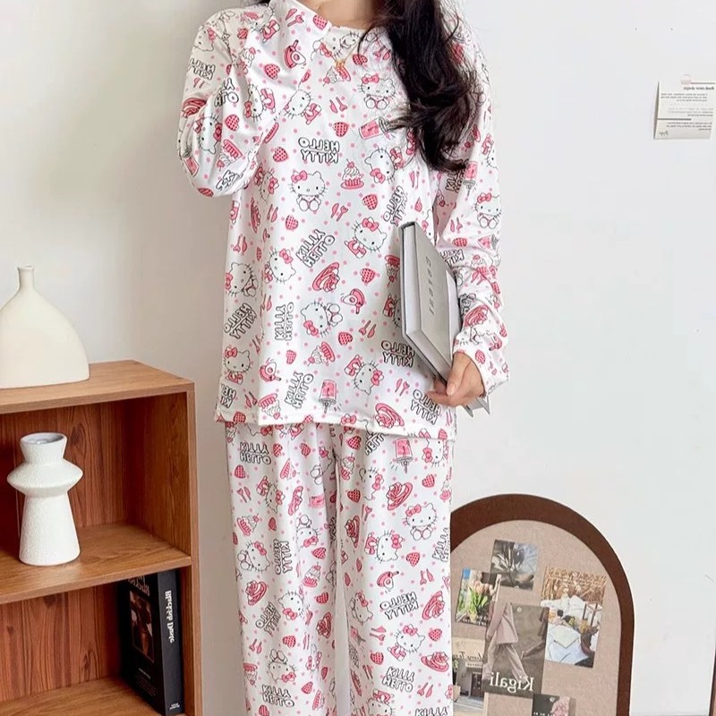 INS 귀여운 헬로 키티 인쇄 긴 소매 잠옷 여성의 봄과 가을 2024 새로운 티셔츠 바지 홈 의류 세트