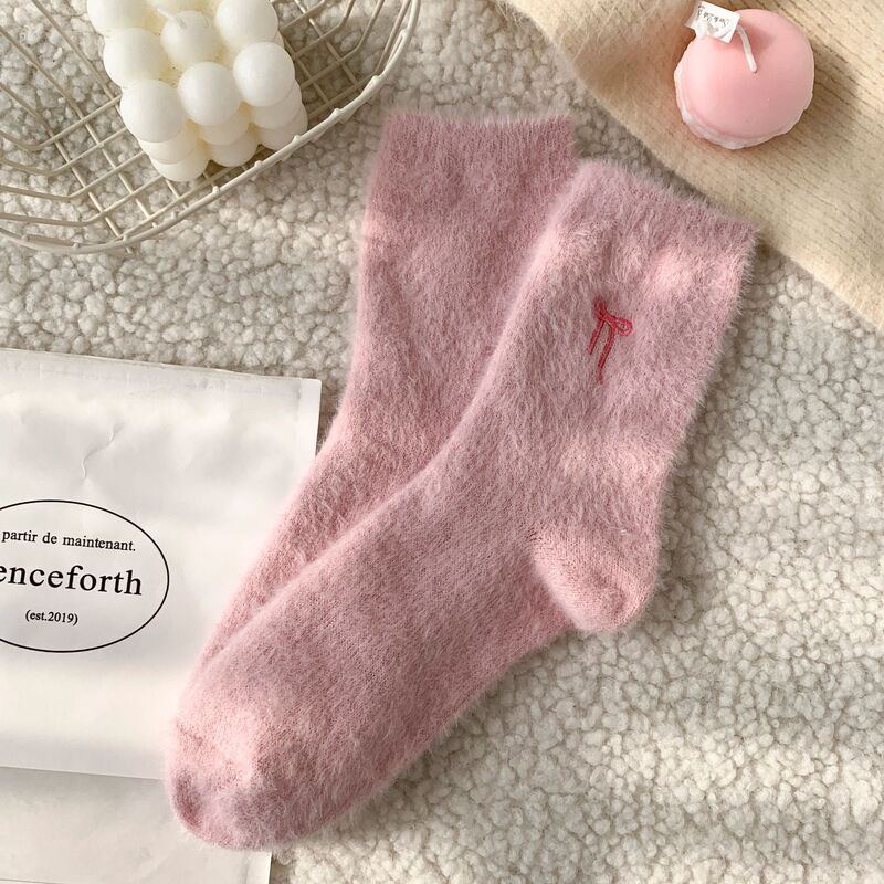 秋と冬のピンクのリボン刺繍入り女性用ソックス、ベルベットの厚みのある暖かいソックス、ホームフロアミッドカーフソックス、スリープソックス|undefined